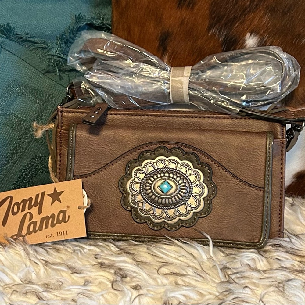 New Tony Lama Western Brown Crossbody Bag with Embellished Concho Design